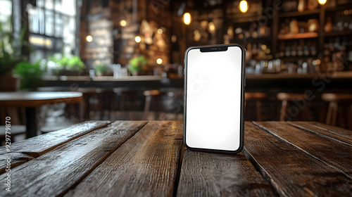 A blank smartphone on a woo...