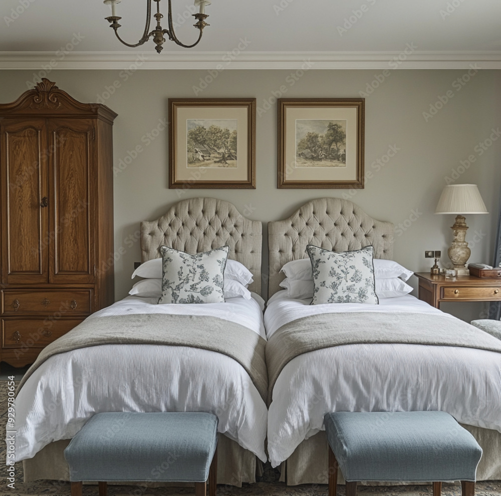 Obraz premium a classic English-style double bedroom that exudes warmth and sophistication. a pair of plush, tufted headboards in rich fabrics like velvet or damask, flanked by matching bedside tables, ornate lamp