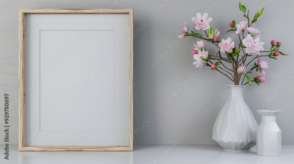 Empty White Frame with pink and white flowers Mock up Empty White Frame with pink and white flowers Mock up