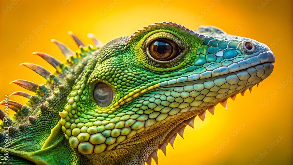 Fototapeta premium Vibrant green lizard's scaly skin and spiky back glisten in sharp focus against a radiant yellow background, showcasing its intricate details and textures.