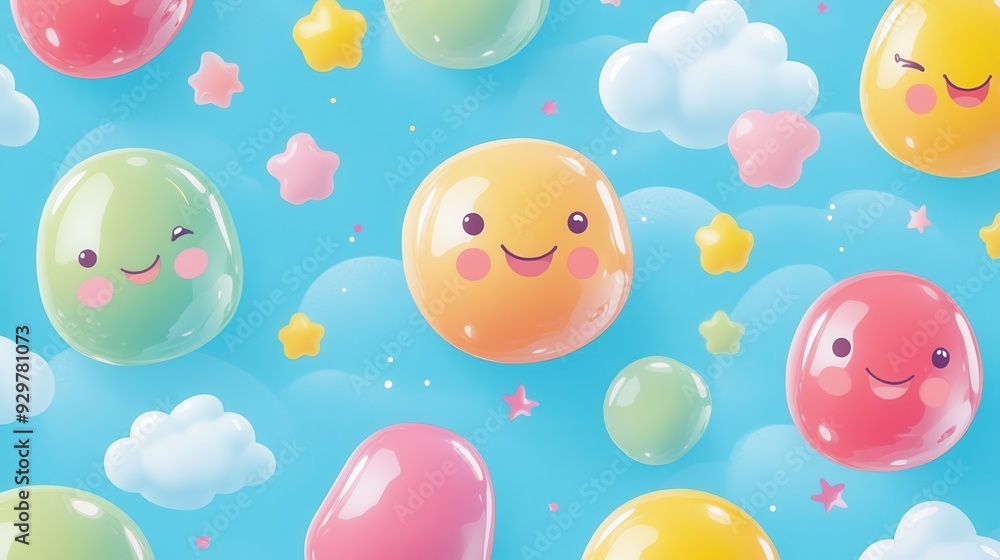 A colorful, playful background featuring smiling jelly-like characters and fluffy clouds. A colorful, playful background featuring smiling jelly-like characters and fluffy clouds.