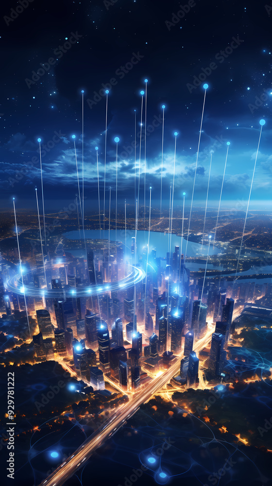 Fototapeta premium Smart city, city network connections at night