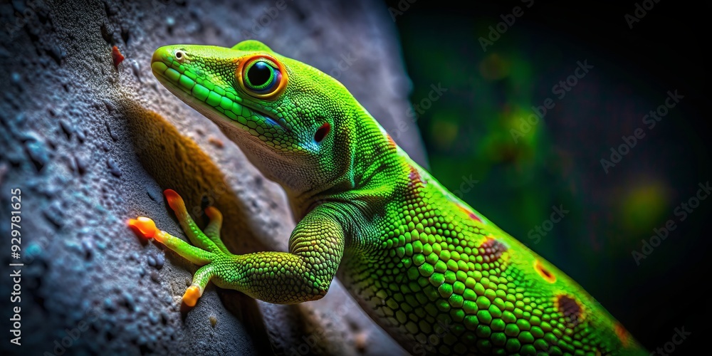 Vibrant green gecko with radiant patterns on its skin scales glows in darkness as it steadily climbs up a mysterious dark concrete wall with ease. Vibrant green gecko with radiant patterns on its skin scales glows in darkness as it steadily climbs up a mysterious dark concrete wall with ease.