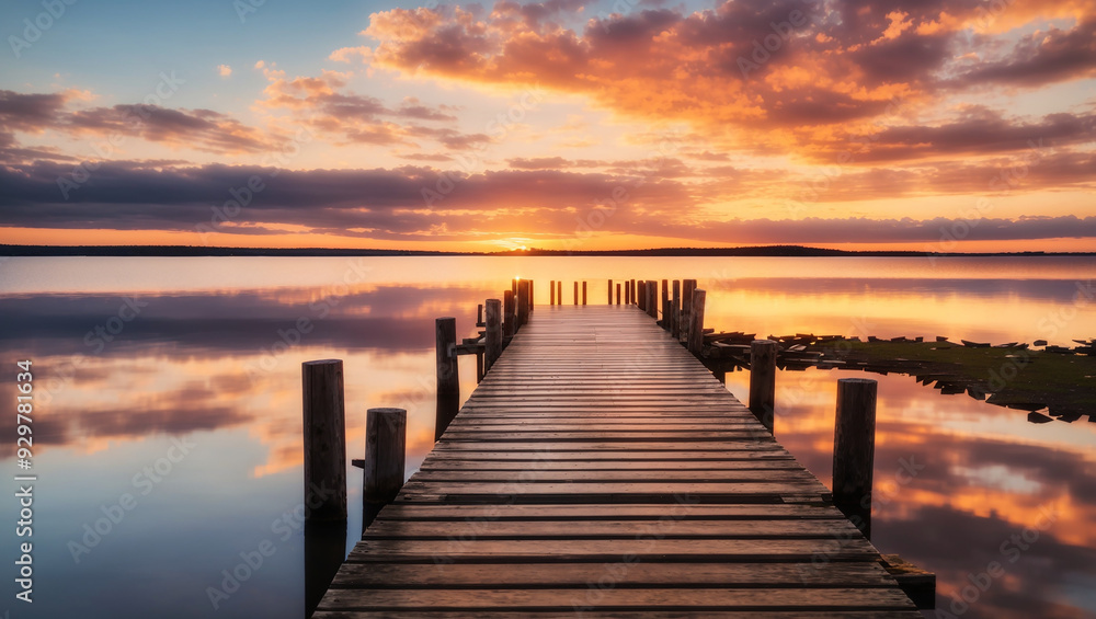 This is a picture of a lake with a wooden dock, with a sunset in the background. The sky is colorful with orange and purple colors.
This is a picture of a lake with a wooden dock, with a sunset in the background. The sky is colorful with orange and purple colors.