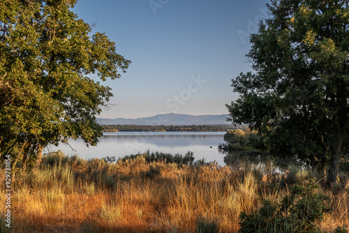 Landscape with oak trees, Valparaiso Reservoir and mountains. Zamora, Castile and Leon, Spain.