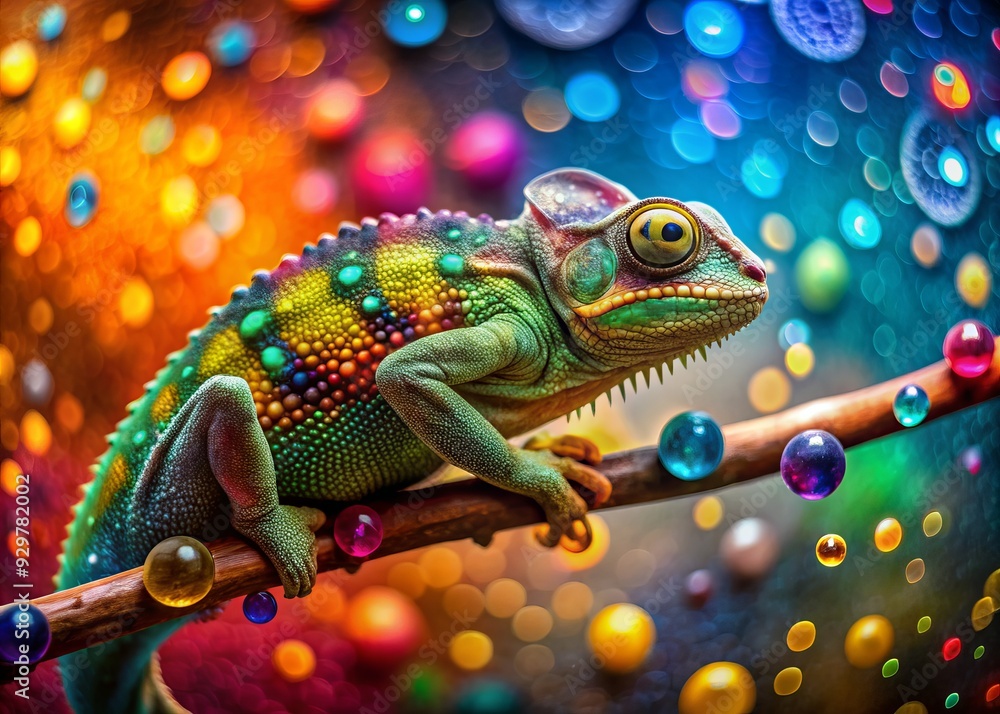 Fototapeta premium Vibrant chameleon perched on a branch, surrounded by a kaleidoscope of colorful liquid droplets, its skin blending seamlessly with the mesmerizing background hues.