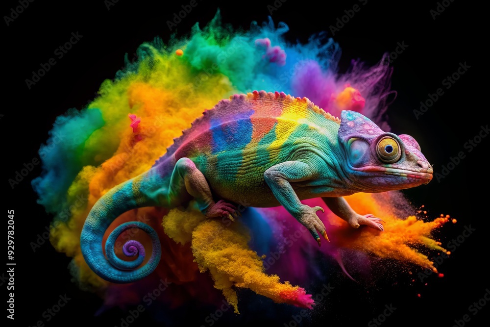 © Sirinporn - Vibrant multicolor powder paint explosion splashes onto a solitary chameleon isolated on a transparent background, creating a stunning, chameleon-shaped dust explosion of colorful chaos.