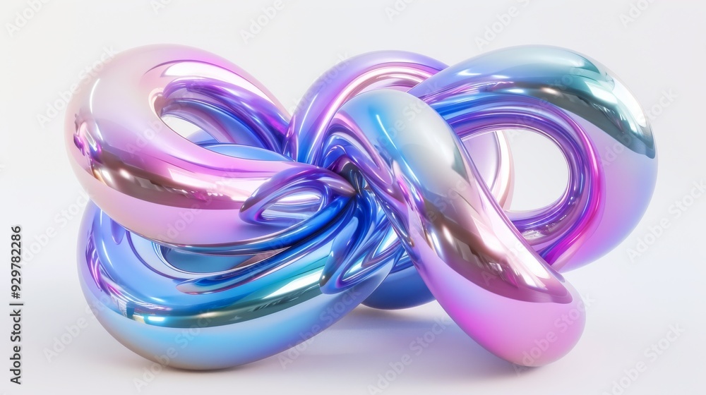 glossy metallic 3D rendering of a colorful intertwined knot in pastel shades of chrome, floating against a white background, with reflective surfaces and harmonious hues like blue, purple, pink glossy metallic 3D rendering of a colorful intertwined knot in pastel shades of chrome, floating against a white background, with reflective surfaces and harmonious hues like blue, purple, pink