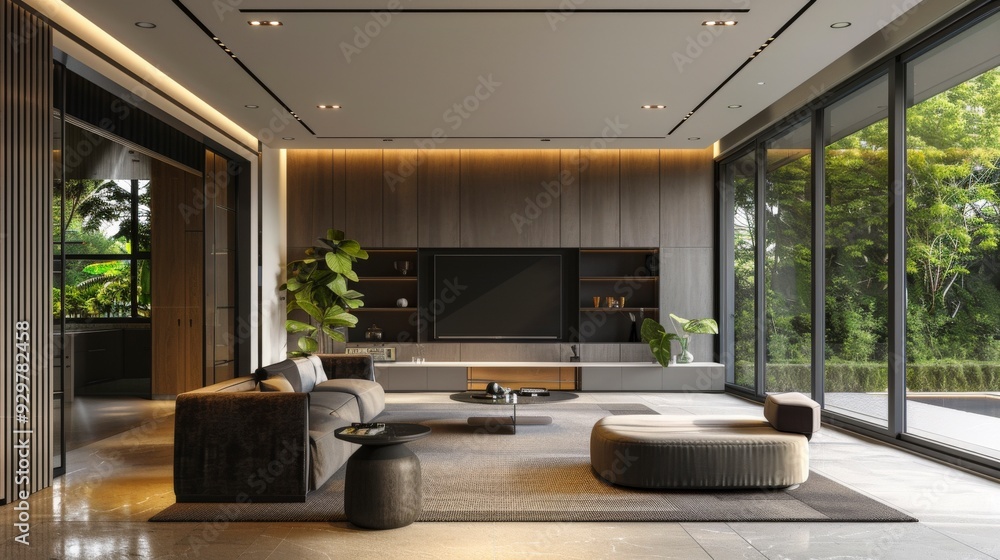 Modern living room with sleek furniture and large windows, creating a bright atmosphere.