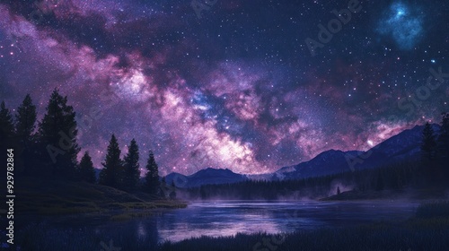 Milky Way Over a Misty Lake and Mountain Range