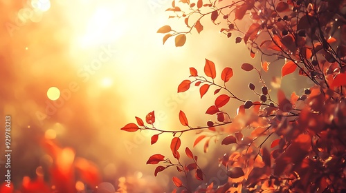 Red leaves on branches with blurred orange background in soft, warm light.