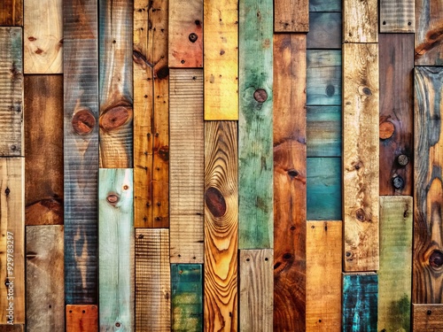 Rustic wooden planks with varied natural patterns, textures, and tones blend harmoniously, creating a vibrant, eclectic, and organic visual feast on the distressed wooden surface. photo