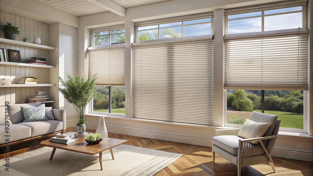 Extra large pleated blinds in white, featuring a 50mm fold, showcased in the window opening. Contemporary top down bottom up privacy shades for apartment, Generative AI Extra large pleated blinds in white, featuring a 50mm fold, showcased in the window opening. Contemporary top down bottom up privacy shades for apartment, Generative AI