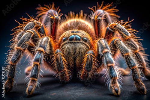 Vibrant close-up of a massive hairy tarantula showcasing intricate leg hairs, shimmering eyes, and rugged body texture, set against a dark contrasting background.