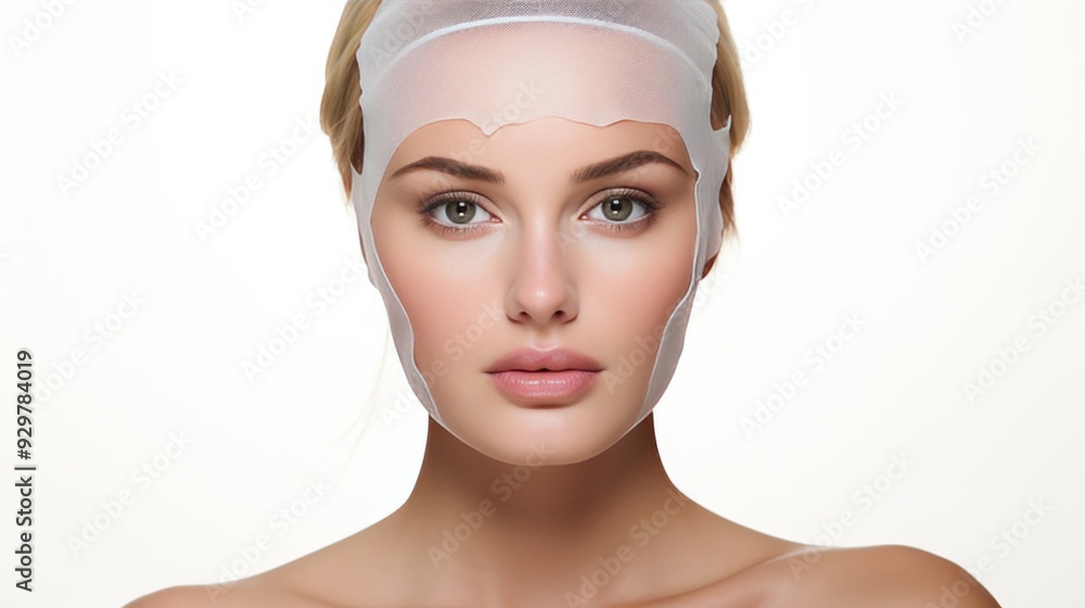 Doctor in medical gloves contouring female patient s face for plastic surgery on white background Doctor in medical gloves contouring female patient s face for plastic surgery on white background