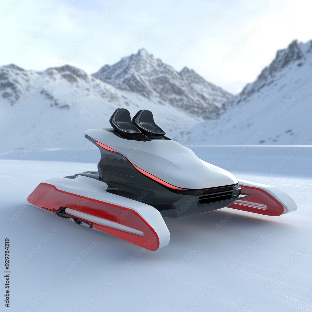 A black and white snowmobile with a white top and a black bottom A black and white snowmobile with a white top and a black bottom