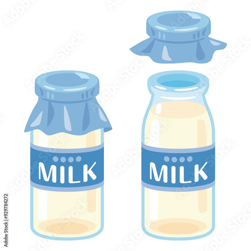 蓋付きの牛乳瓶と蓋なしの牛乳瓶セット