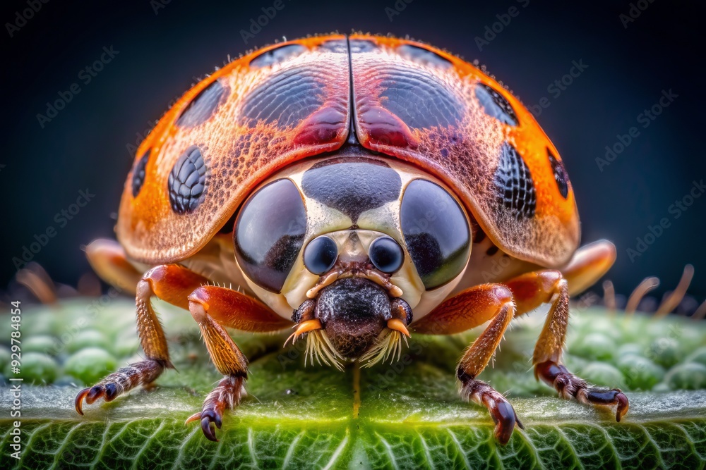 Naklejka premium Delicate segments of a ladybug's antennae are magnified, revealing intricate textures and subtle color variations in a fascinating microcosm of nature's tiny wonders.
