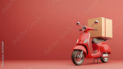 Red scooter with brown package on red background.