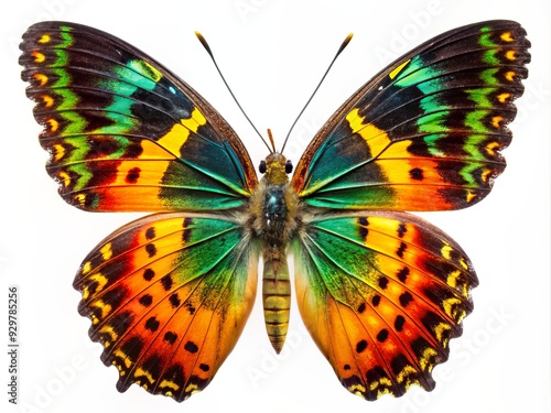 Vibrant orange and yellow wings of a Madagascan Sunset Moth spread wide, isolated on a transparent background, showcasing its stunning iridescent colors and delicate scales. photo