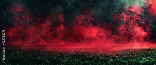 Red smoke billows over a field of green grass, creating a dramatic and eerie atmosphere.