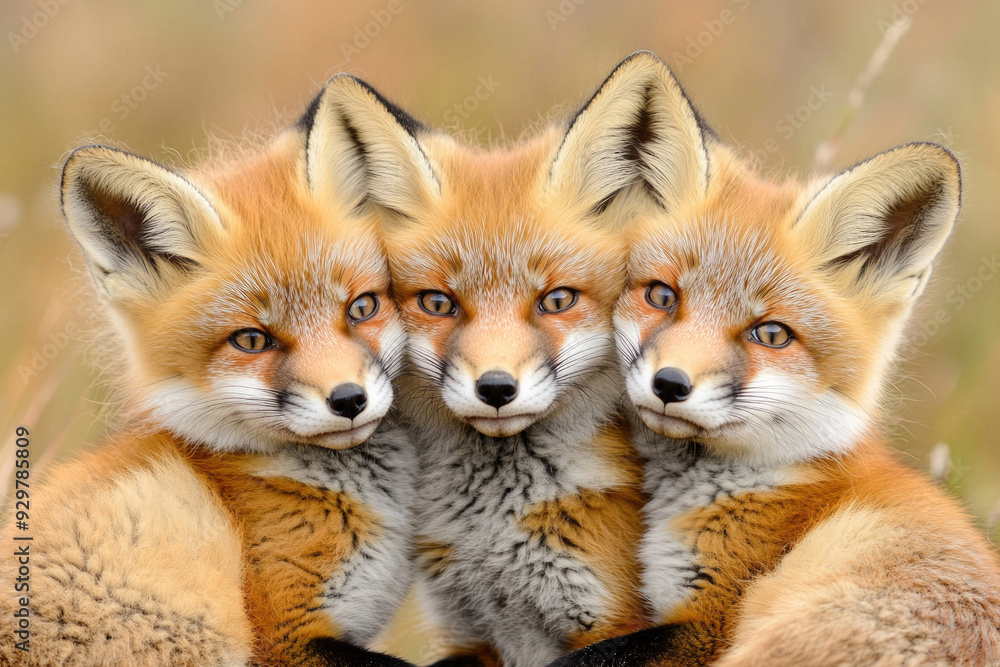 Fototapeta premium A joyful portrait of three happy red fox kits, showcasing their fluffy fur and playful, curious expressions.