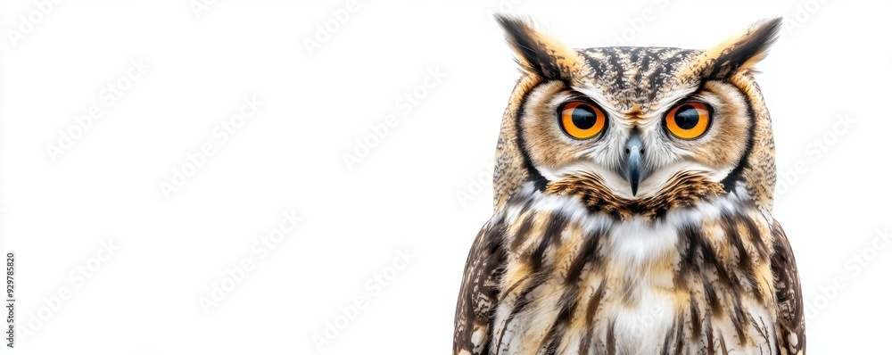 An owl perched and staring, with detailed feathers An owl perched and staring, with detailed feathers