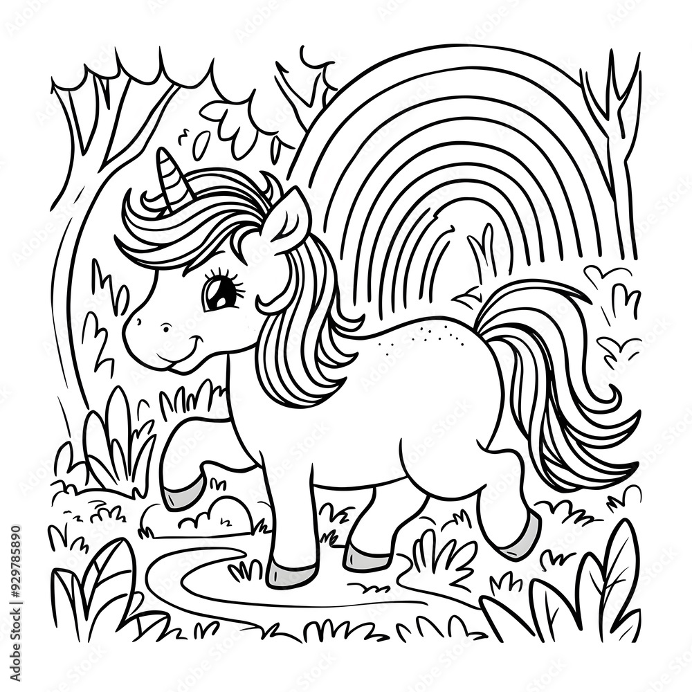 Fototapeta premium Cute Unicorn with a rainbow mane, prancing in a magical forest simple thick black line art for children cartoon coloring book pages. Clean drawing on white background