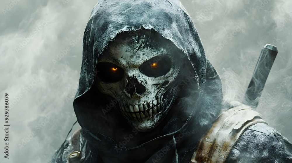 Phantom hunter with a skeletal face, wearing a spooky mask, Halloween theme, realistic 3D render, glowing mist effects, isolated on white background Phantom hunter with a skeletal face, wearing a spooky mask, Halloween theme, realistic 3D render, glowing mist effects, isolated on white background