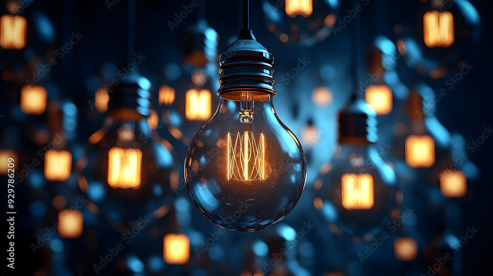 A collection of glowing light bulbs in a dimly lit setting.