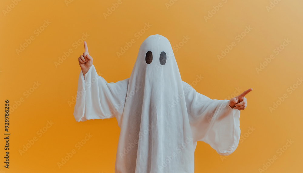 Person in Halloween ghost costume points away, orange background with copy space Person in Halloween ghost costume points away, orange background with copy space