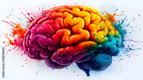 A colorful artistic representation of a brain with paint splashes.