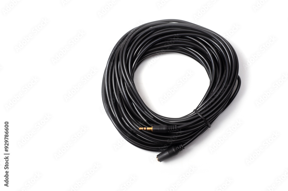 3.5 jack extension cord long black, shot on a white background. 3.5 jack extension cord long black, shot on a white background.