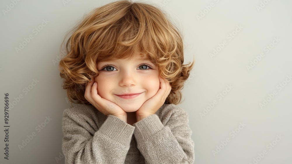 A cheerful child with curly hair smiling sweetly, showcasing innocence and joy in a cozy indoor setting. A cheerful child with curly hair smiling sweetly, showcasing innocence and joy in a cozy indoor setting.