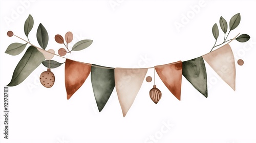 Wallpaper Mural Watercolor Garland with Rustic Charm: A delicate watercolor illustration of a festive garland with earthy tones. perfect for invitations, cards, and branding.  Torontodigital.ca