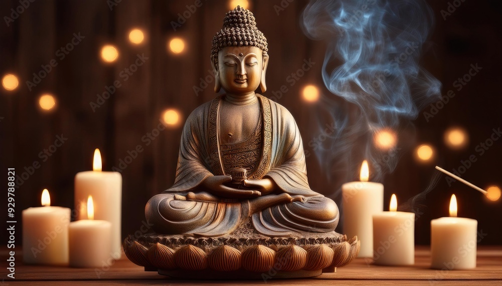 Fototapeta premium Serene Buddha Statue Surrounded By Candles And Incense In A Calm Setting 