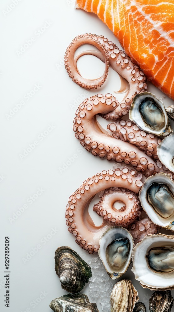 A white background with a variety of seafood including oysters, clams A white background with a variety of seafood including oysters, clams