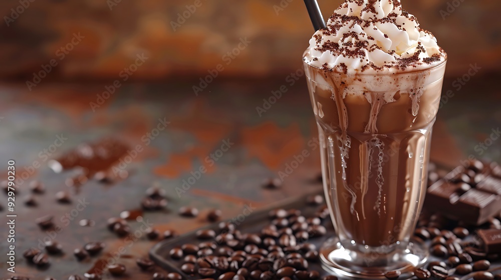 An elegant chocolate milkshake including coffee beans strewn around the background and whipped cream on top An elegant chocolate milkshake including coffee beans strewn around the background and whipped cream on top
