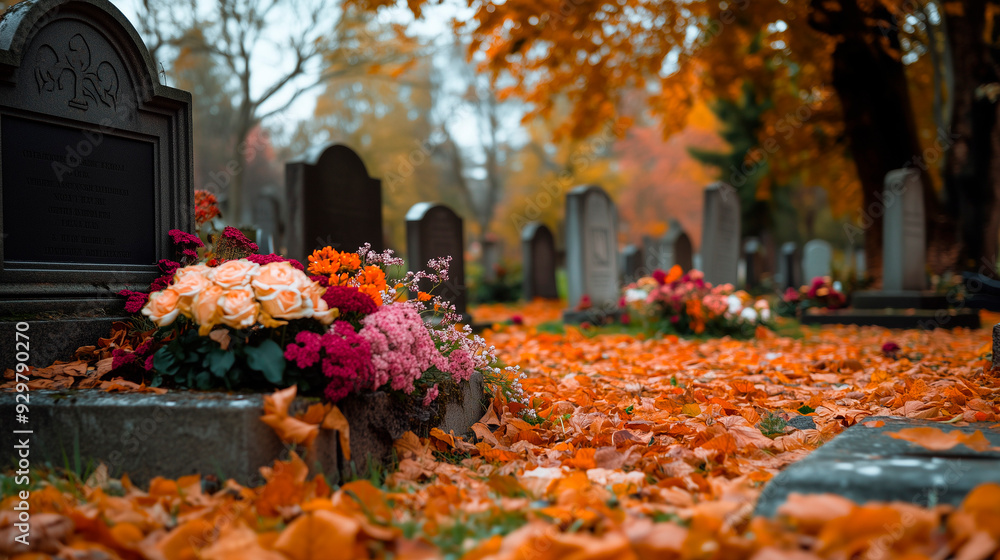 © Iryna - Somber autumn scene in a cemetery with vibrant flowers and fallen leaves, a woman mourns at a loved one's grave during All Saints' Day