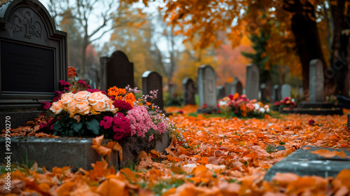 Somber autumn scene in a cemetery with vibrant flowers and fallen leaves, a woman mourns at a loved one's grave during All Saints' Day photo