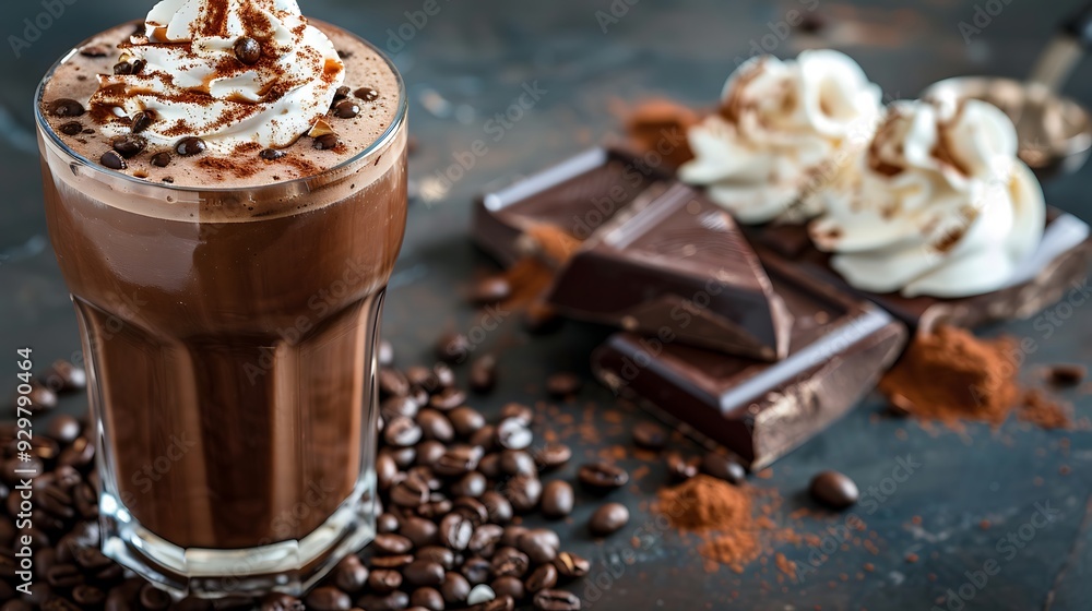 An elegant chocolate milkshake including coffee beans strewn around the background and whipped cream on top An elegant chocolate milkshake including coffee beans strewn around the background and whipped cream on top