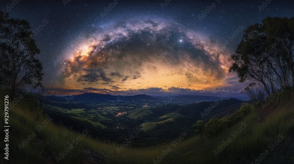 Naklejka premium Milky Way Arching Over Mountain Range at Night