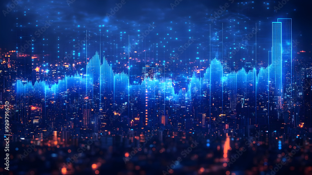A digital cityscape with data visualization elements. A digital cityscape with data visualization elements.