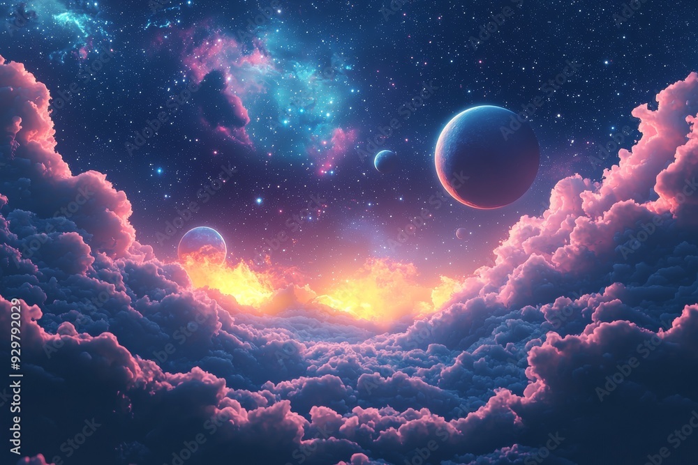 Fototapeta premium Space cosmic illustration with planets scene created with Generative AI