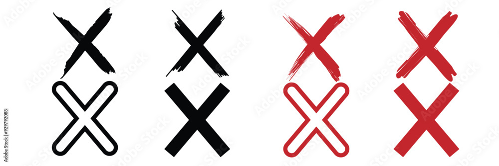 Obraz premium Red, black cross sign icon in brush set. Wrong mark icon in brush. Red and black grunge X icon. X red and black brush icon. stock vector. 