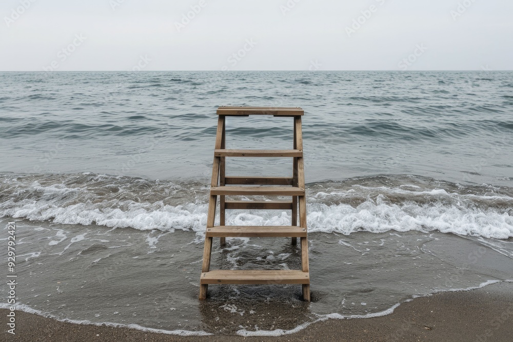 Ladder leading into ocean waves, emphasizing the connection between land and sea, inviting viewers to explore the water's edge Ladder leading into ocean waves, emphasizing the connection between land and sea, inviting viewers to explore the water's edge