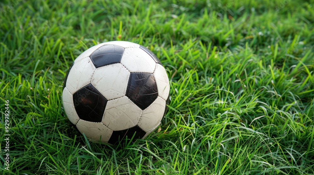 A soccer ball is sitting on a green field A soccer ball is sitting on a green field