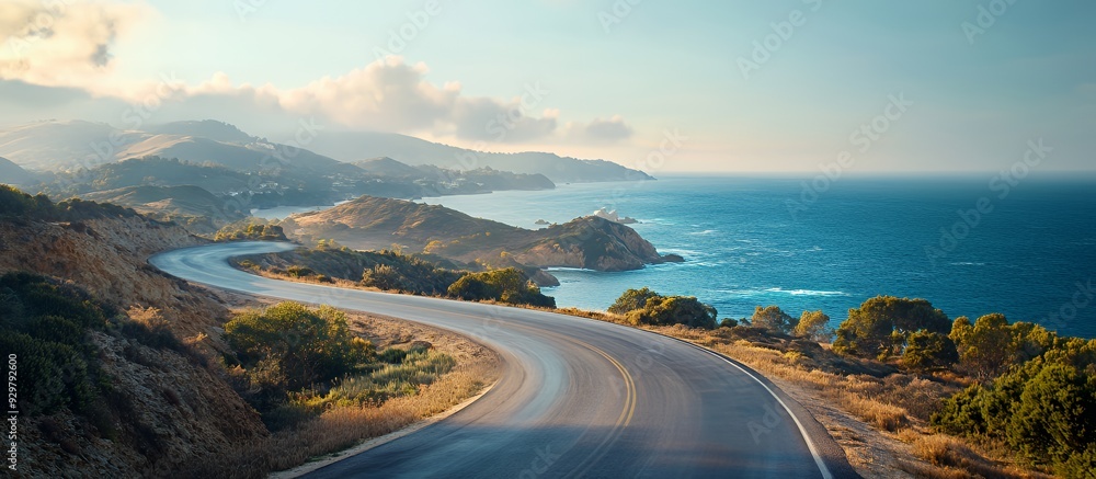 Scenic coastal road winding along the ocean with hills in the background. Scenic coastal road winding along the ocean with hills in the background.