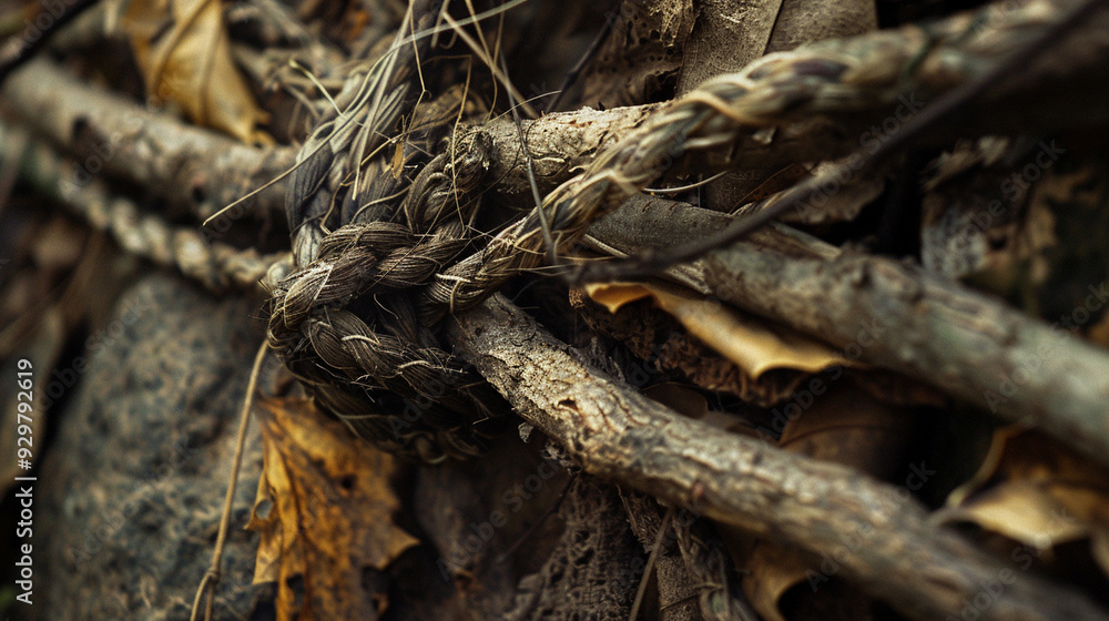 Close-up of a makeshift shelter made of branches and leaves, with focused details on the knots Close-up of a makeshift shelter made of branches and leaves, with focused details on the knots