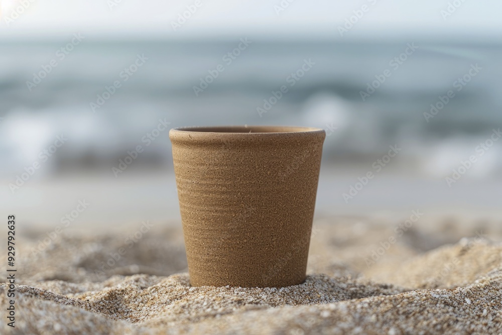 Mockup cup on the shore, waves gently lapping at the sand and a peaceful beach scene.